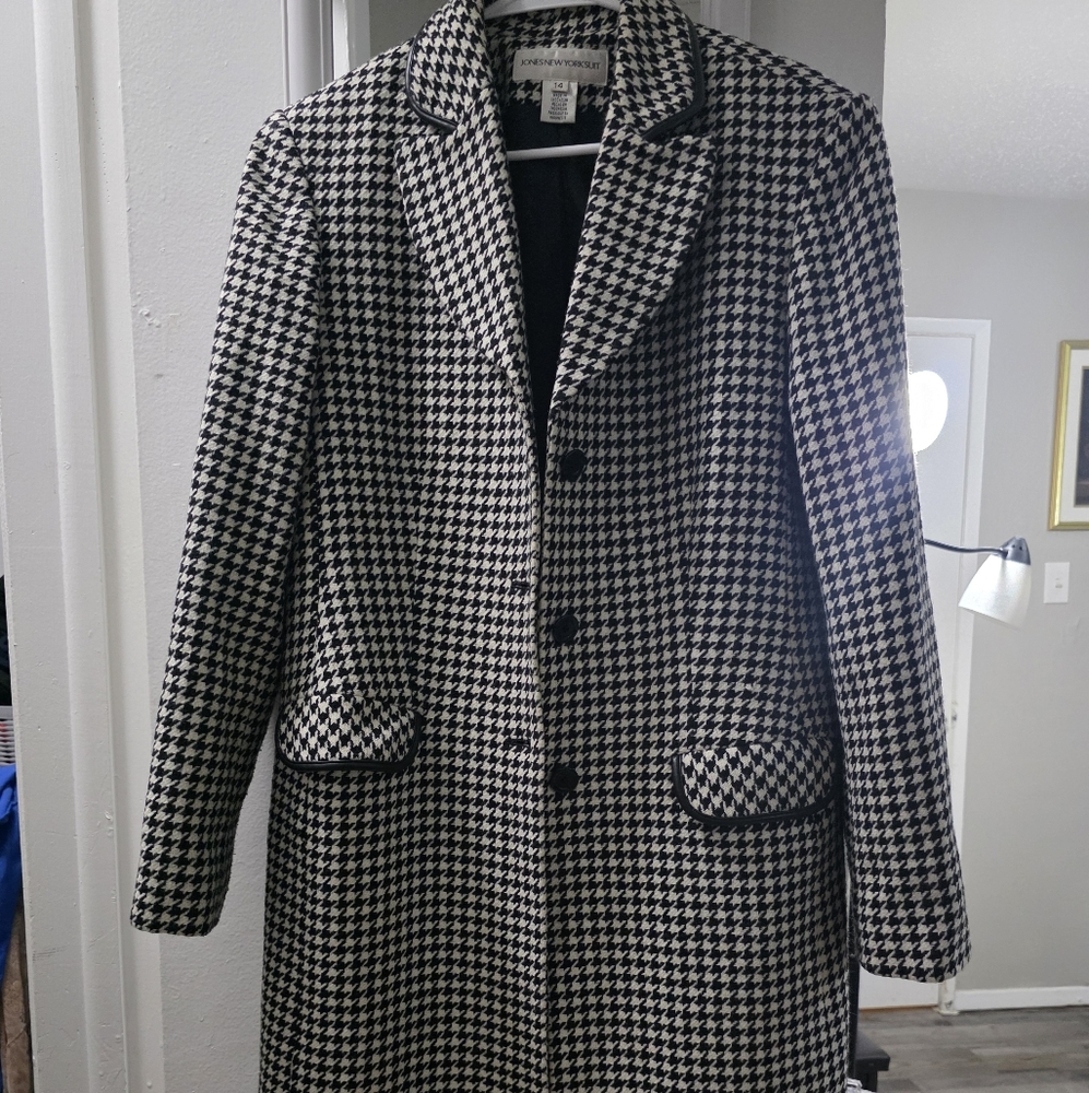 Vintage Jones New York Womens Houndstooth Wool-Blend Tweed  Long Coat